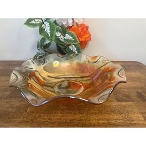 Vintage Marigold Carnival Glass Bowl Ruffled Edge Iridescent Flower Pattern Dish